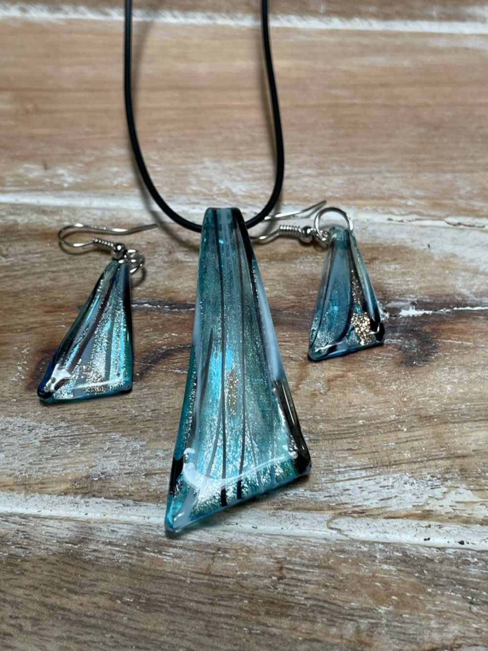 Handcrafted Sky Blue Glass Pendant Necklace and Earring Set - Picture 2 of 5